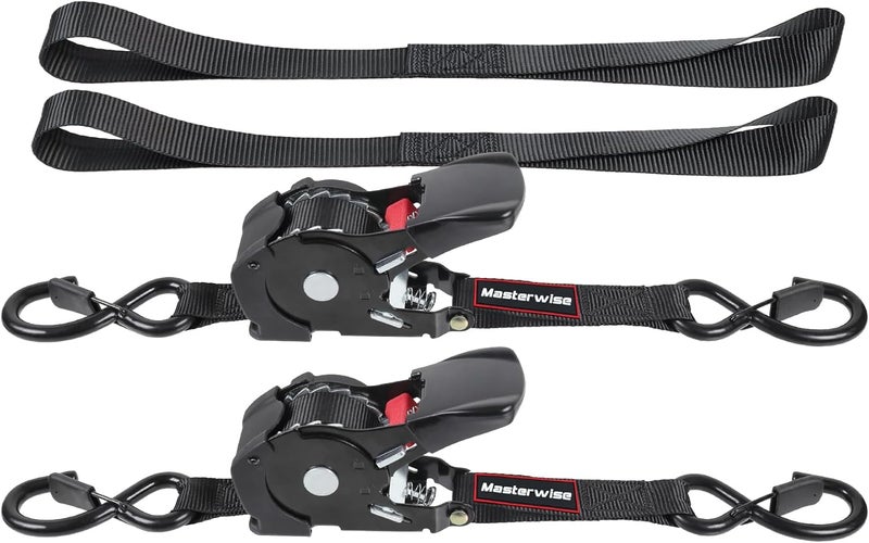 Masterwise 12FT Retractable Ratchet Straps, Motorcycle Tie Down Straps with S Hooks, Self Heavy Duty Ratchet Straps Include Loops for Trucks, Cargo, Motorcycles, Moving and Storage, 2 PCS - Image 1